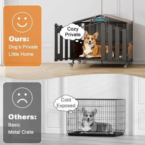 Vista 6 de EasyCom Muebles resistentes de 31 pulgadas para perros, para interiores con ruedas de 360°, jaulas decorativas para perros pequeños, jaula de madera