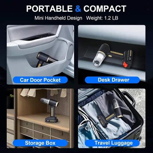 Vista 5 de Aspiradora de Mano para Coche Inalámbrica Recargable 23000 Pa, Aspiradora de Mano de Succión/Soplado de Potencia Fuerte 4en1 Portátil Mini