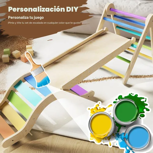 Vista 4 de doowroodni Juego de triángulo Pikler 7en1 Juguetes de escalada para niños pequeños de interior Juguetes de escalada plegables para bebés de madera