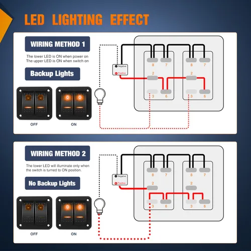 Vista 3 de Nilight Panel de Interruptores Basculantes de 2 Posiciones con Luz LED Naranja, 5 Pines On/Off, Interruptores Basculantes de Aluminio Precableados