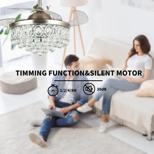 Vista 8 de Ventilador de techo de araña de cristal de 42 pulgadas con luces y cuchillas retráctiles de control remoto, moderno ventilador LED de iluminación