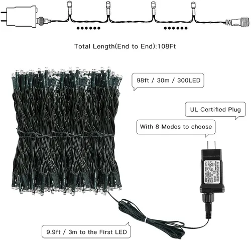Vista 6 de AmyHomie Luces de Navidad Azules, 108 Pies 300 LED Luces de Cadena de Halloween para Exteriores Impermeables, de Extremo a Extremo Luces Decorativas