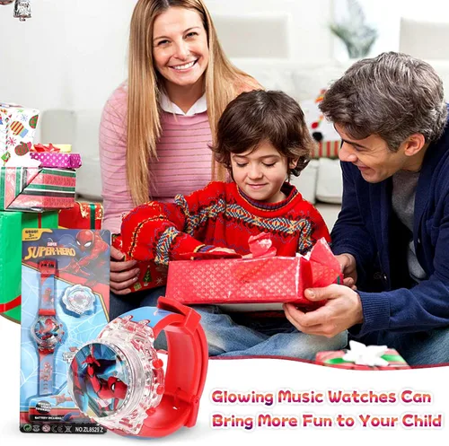 Vista 6 de Tawekel Spider-Man - Reloj de música luminoso, esfera giratoria, reloj digital de dibujos animados, regalo de San Valentín para niños y niñas