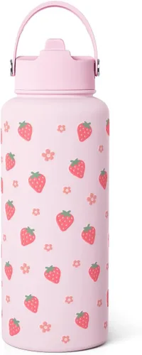 Vista 30 de Regalo de repostería para mujeres, botella de agua de acero inoxidable de 32 oz con tapa y popote, botellas aisladas estéticas de dulces, regalos