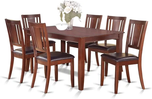 Vista 19 de HomeStock El juego de mesa de comedor moderno de 7 piezas consta de una mesa rectangular de madera y 6 sillas tapizadas de tela de lino café, 36 x