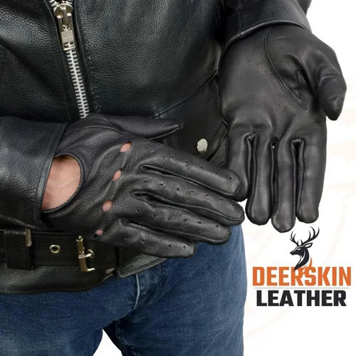 Vista 2 de Milwaukee Leather SH869 - Guantes de mano de motocicleta para hombre, color negro, perforado, piel de ciervo, con nudillo abierto y transpirable