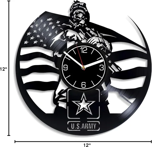 Vista 8 de Reloj de pared de disco de vinilo del ejército de los Estados Unidos, reloj de pared grande con brazo de EE. UU., reloj de vinilo con brazo de EE.