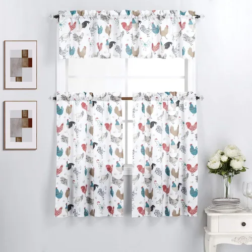 Vista 5 de Interior Trends Juego de 3 paneles de cortina y cenefa para ventana de cocina (juego de niveles de 36 pulgadas, coral con flores de pájaro)