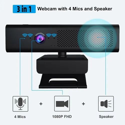 Vista 2 de Cámara web completa 1080P HD 3 en 1: cámara y altavoz para computadora de escritorio con 4 micrófonos incorporados, cámara web USB externa