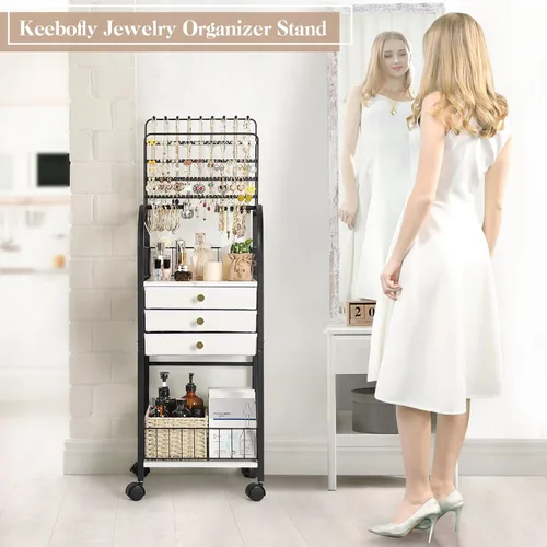 Vista 2 de Keebofly Organizador de joyas, soporte grande para joyas con 3 cajones para joyas, organizador de collares, aretes, armario de joyería con pantalla