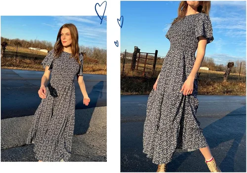 Vista 5 de PRETTYGARDEN - Vestido largo casual de verano para mujer, manga corta acampanada, bohemio, floral, cuello redondo, vestido blusón, escalonado
