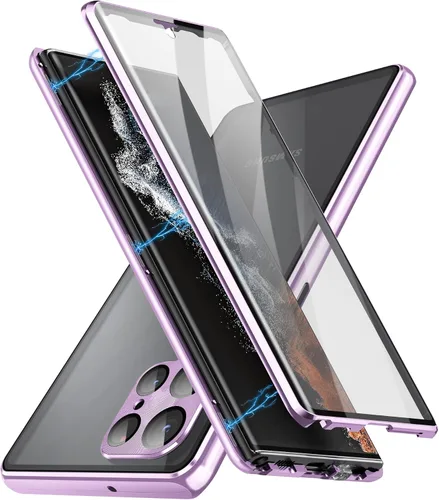Vista 17 de Funda para Galaxy S21 con bloqueo de seguridad + adsorción magnética, vidrio templado de doble cara, a prueba de golpes, parachoques de aluminio