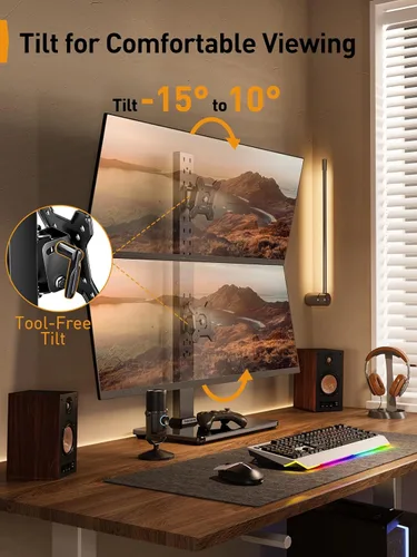 Vista 3 de Soporte de monitor Perlegear, soporte de monitor doble para dos pantallas de 13-40 pulgadas, soporte de monitor vertical con rotación de 360 grados