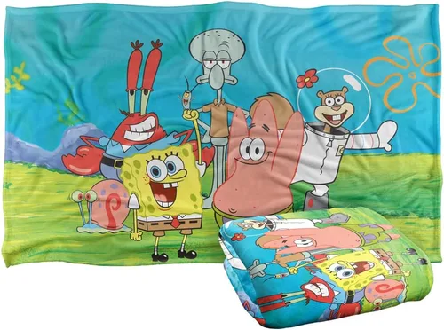 Vista 9 de Manta de Bob Esponja, 36 x 58 pulgadas, Bob Esponja, Grupo de Personajes, Tacto Sedoso, Manta Súper Suave