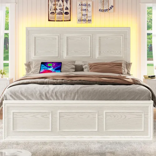 Vista 3 de Incyneva Base de cama matrimonial con cabecera ajustable en altura, marco de cama de plataforma de granja con puerto de carga y luces LED,