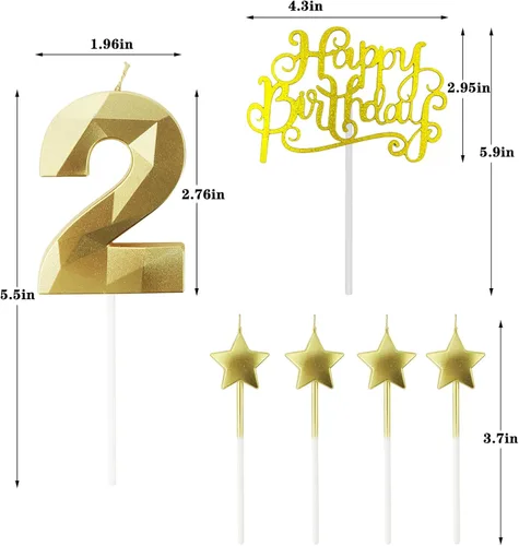 Vista 2 de Velas de cumpleaños doradas con número 20 y velas de estrella de cumpleaños de 7 cm Velas para pastel de cumpleaños en forma de diamante 3D son