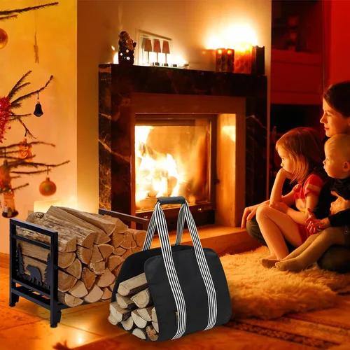 Vista 6 de Portador de leña con bolsa para troncos, estante de almacenamiento de madera para interior/exterior - Soporte de estufa de acero resistente
