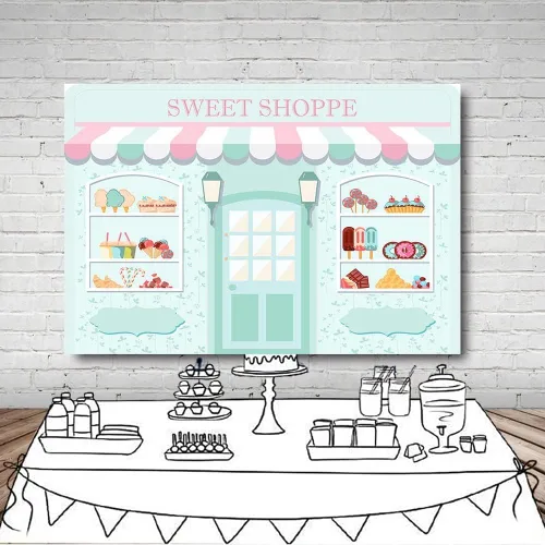 Vista 2 de MEHOFOND Telón de fondo Sweet Shoppe de 5 x 3 pies para niña, fondo de fotografía de cumpleaños, pancarta de fiesta para niños, baby shower, dona