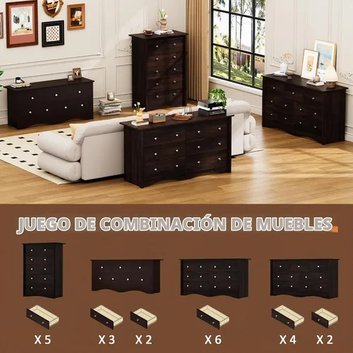 Vista 8 de Flamaker Cómoda alta para dormitorio, cómoda de 5 cajones, cómoda de madera, cómoda ancha, cajones de almacenamiento, organizador de almacenamiento
