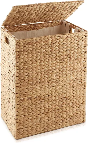 Vista 9 de Casafield gran cesta de lavandería con tapa y bolsa interior extraíble - Canela, cesta de lavandería rectangular tejida de jacinto de agua