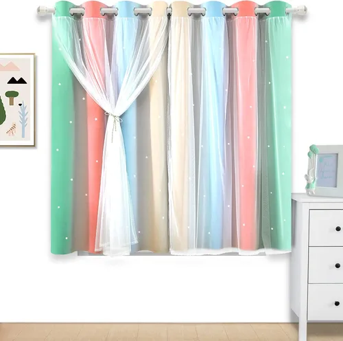 Vista 2 de Cortinas opacas con recorte de estrellas y arcoíris para guardería/habitación de niños/niñas, con superposición de tul, 2 paneles, cada una de 52