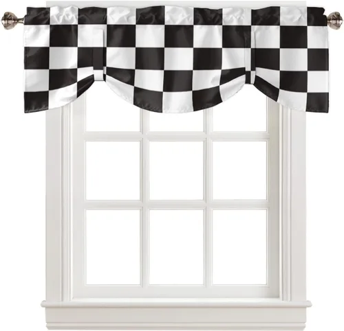 Vista 2 de Cortinas modernas de mosaico en blanco y negro para sala de estar, dormitorio, baño, ventana de cocina, cenefa de panel con bolsillo para barra