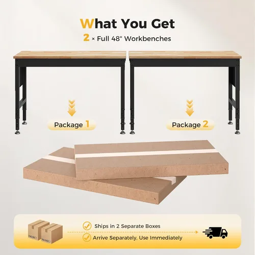 Vista 2 de CAMMOO Banco de trabajo ajustable de 96" de carga pesada, capacidad de carga de 2000 LBS, mesa de trabajo de madera de goma con tablero perforado