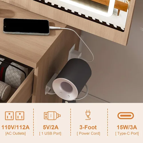 Vista 6 de Elysionix Pequeño escritorio de maquillaje a rayas de madera con espejo deslizante, luz ajustable, toma de corriente, taburete acolchado, estante
