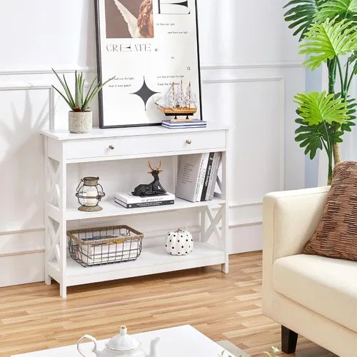 Vista 8 de Yaheetech Mesa consola con cajón, mesa de entrada de 3 niveles con estantes de almacenamiento, mesa de sofá estrecha de madera para Blanco