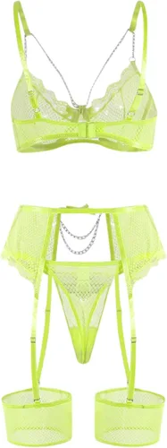 Vista 5 de Conjunto de liguero de red transparente para mujer, lencería para sexo, travieso, sexy, cadena con tiras y pestañas de encaje, brasier y braga