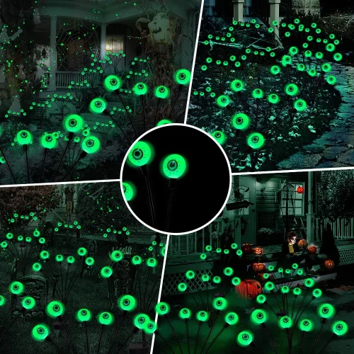 Vista 4 de BeHiller Decoraciones de Halloween para exteriores, luces solares de ojos aterradoras, 2 paquetes de 12 luces LED de globo ocular verde, luces