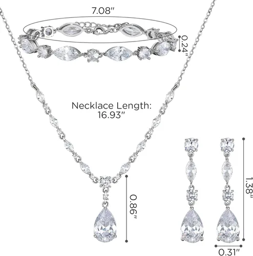 Vista 7 de SWEETV Juego de joyas de novia para boda, collar de circonita cúbica, aretes colgantes, juego de pulsera, marquesa de lágrima, novias, damas