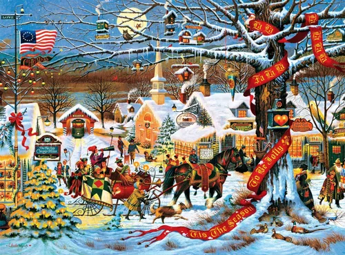 Vista 3 de Rompecabezas de 1000 piezas de Buffalo Games, diseño de Charles Wysocki: pequeño pueblo en Navidad Precision-Cut Pieces with Secure Fit
