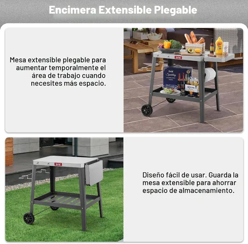 Vista 5 de Feasto Carro de Parrilla al Aire Libre, Mesa con Horno de Pizza con Ruedas, Encimera de Acero Inoxidable con Mesa Extensible Plegable, Carro