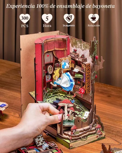 Vista 4 de ROBOTIME Kit de Rincón de Libros, Kit de Casa en Miniatura de Princesa de Cuento de Hadas para Bricolaje, Sujetalibros de Rompecabezas de Madera 3D