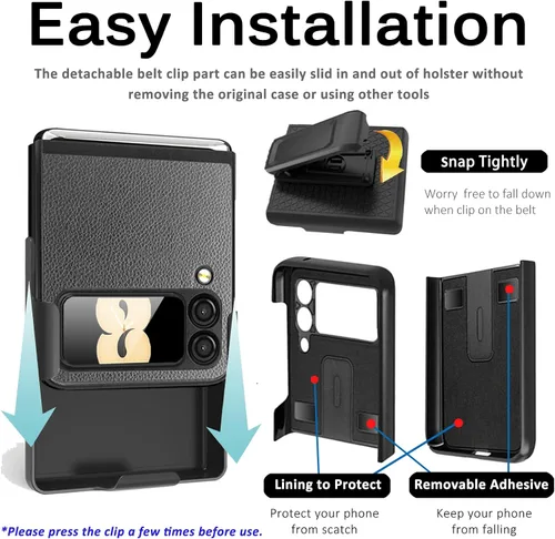 Vista 5 de Miimall Funda compatible con Samsung Galaxy Z Flip 3 con funda de clip para cinturón, funda de cuero de doble capa, delgada, resistente, funda