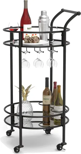 Vista 7 de Carrito redondo negro con 2 estantes de espejo, estante para vino y ruedas con cerradura, adecuado para cocina del hogar, club, sala de estar