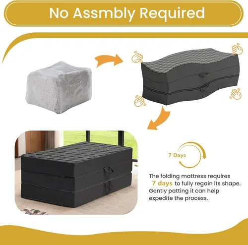 Vista 8 de Colchón triple plegable tamaño matrimonial – Colchón plegable de espuma viscoelástica de doble capa de 6 pulgadas, sofá cama portátil con funda