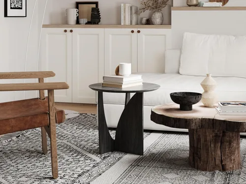 Vista 4 de Mesa auxiliar redonda, mesa auxiliar estética moderna con chapa de roble, mesa decorativa de madera para sala de estar, dormitorio (A, negro)