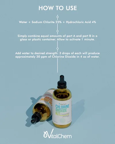 Vista 5 de Kit de dióxido de cloro Botellas de vidrio con goteros Ácido clorhídrico 4-5% (HCl) y solución de sodio 8 oz en total
