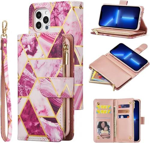 Vista 8 de UEEBAI Funda tipo cartera para iPhone 13 Pro Max, funda de piel sintética con cierre magnético, bolsillo con cremallera, ranuras para tarjetas
