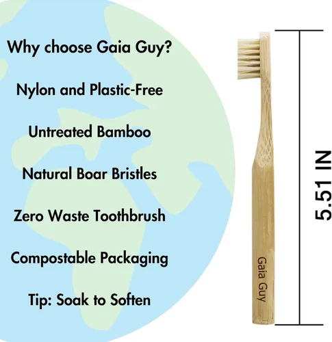 Vista 2 de Gaia Guy Cepillo de dientes de bambú de cerdas naturales para niños (sin nailon, solo pelo de jabalí), cepillos de dientes de bambú y cerdas