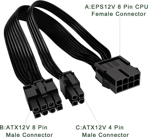 Vista 2 de EPS12V CPU 8 pines hembra a CPU ATX 8 pines y ATX 4 pines macho cable de extensión de fuente de alimentación