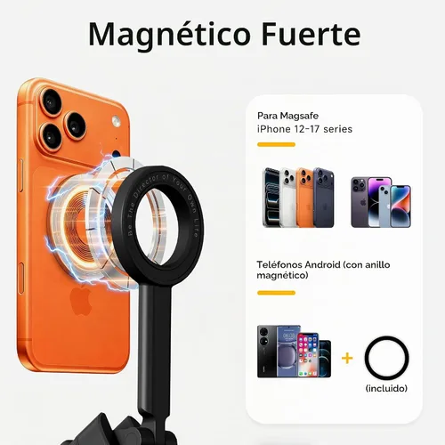 Vista 3 de Trípode magnético para selfie, soporte magnético extensible de aluminio de 67 pulgadas para MagSafe, giratorio de 360° y inclinación de 330°