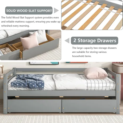 Vista 3 de Marco de sofá cama de madera de tamaño individual con 2 cajones de almacenamiento, sofá cama multifuncional con soporte de listones de madera