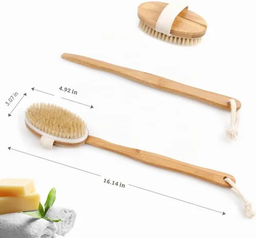 Vista 4 de Cepillo corporal de baño y ducha, cepillado de piel seca con cerdas de jabalí 100% naturales y mango desmontable de bambú de 16 pulgadas de largo