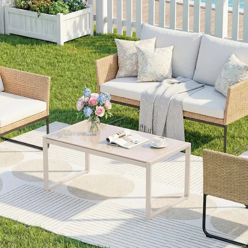 Vista 10 de ONBRILL Mesa de café rectangular con escritorio de vidrio templado, mesa de café para exteriores con marco galvanizado y pies ajustables para patio