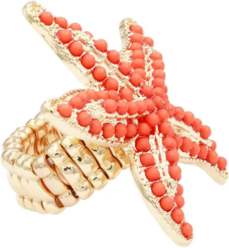 Vista 3 de Lavencious Anillo elástico con diseño de estrella de mar para mujer, talla 7-9, Diamantes de, Diamantes de imitación