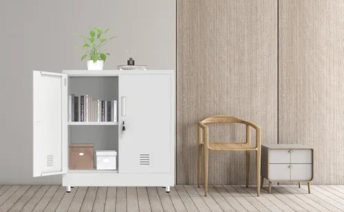 Vista 10 de Armario de almacenamiento de metal con puertas de bloqueo y estante ajustable, pequeño aparador con cerradura para el hogar, oficina, entrada, Blanco