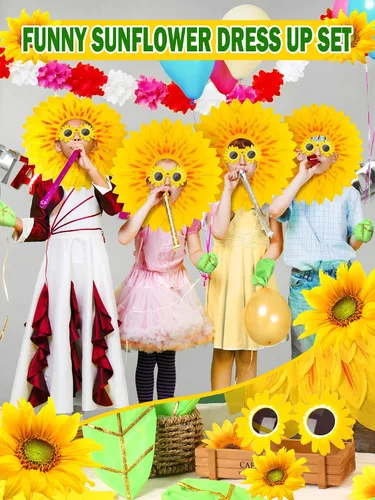 Vista 5 de Mepase Juego de 3 divertidos accesorios de disfraz de flores amarillas de 23 pulgadas, guantes verdes de girasol para bailes, fiestas, festivales